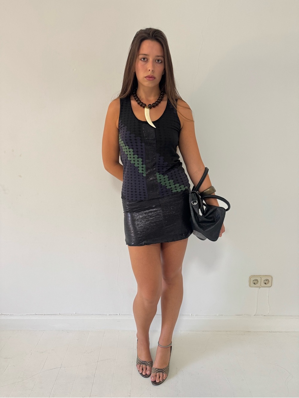 Custo Barcelona Black Mini Dress with Green Accent